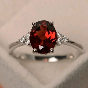 NEW ruby red gemstone ring with CZ diamonds, silver, size 6